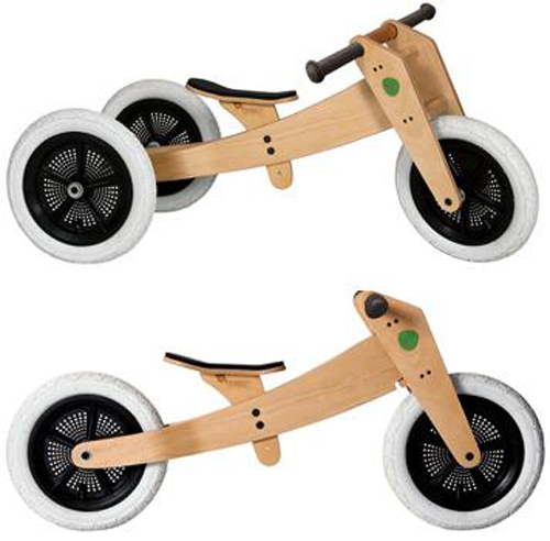 Wishbone Design's Wooden 3 in 1 convertible balance bike for young kids and children