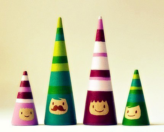handmade handpainted wooden cone family of four toys