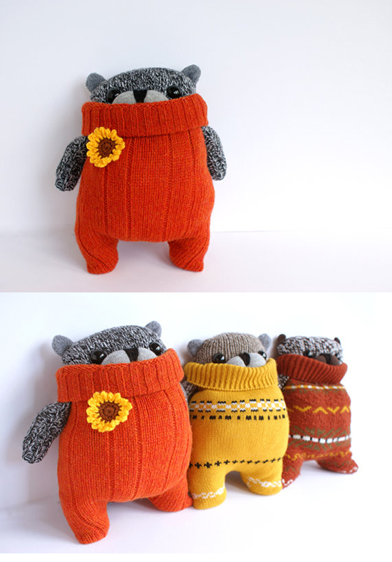 the Remakerie upcycled sweaters SockBear and Rabbit handmade stuffed animals and sweater poufs on Etsy