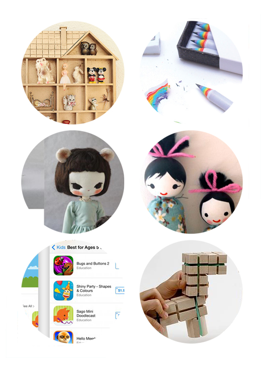 This week's top links: Rainbow pencils, Shadow Box Collections, handmade dolls, ios 7 for kids, rubberband wood construction