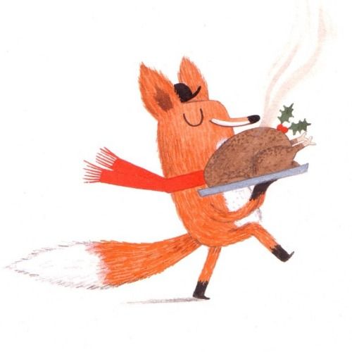 Fox eating Turkey Dinner - Fox Illustration - Thanksgiving Illustration | Small for Big